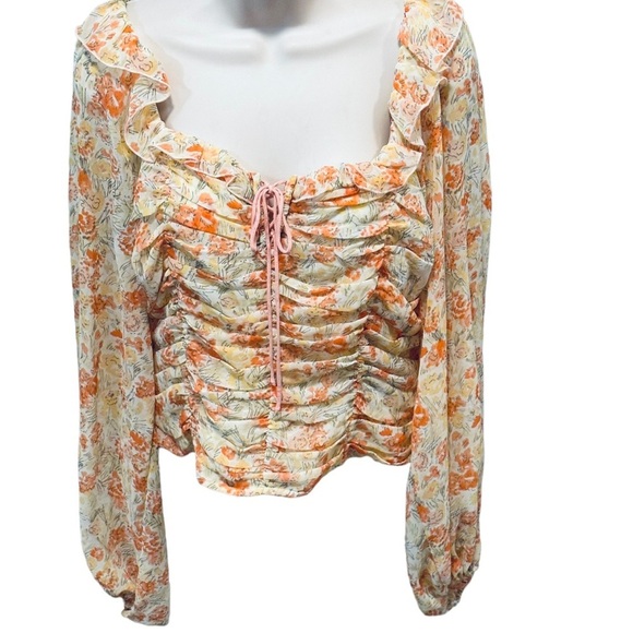 Free People Mabel Printed Blouse Spring Combo Orange Floral Print Peasant large - Picture 4 of 10